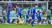 6 May 2024; The ball hits the net for Waterford's first goal, an own goal by Shamrock Rovers goalkeeper Leon Pohls, during the SSE Airtricity Men's Premier Division match between Shamrock Rovers and Waterford at Tallaght Stadium in Dublin. Photo by Piaras Ó Mídheach/Sportsfile