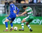 6 May 2024; Roberto Lopes of Shamrock Rovers in action against Pádraig Amond of Waterford during the SSE Airtricity Men's Premier Division match between Shamrock Rovers and Waterford at Tallaght Stadium in Dublin. Photo by Piaras Ó Mídheach/Sportsfile