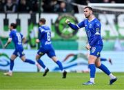 6 May 2024; Robbie McCourt of Waterford celebrates his side's second goal, scored by team-mate Dean McMenamy, not pictured, during the SSE Airtricity Men's Premier Division match between Shamrock Rovers and Waterford at Tallaght Stadium in Dublin. Photo by Piaras Ó Mídheach/Sportsfile