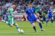 6 May 2024; Trevor Clarke of Shamrock Rovers in action against Darragh Leahy of Waterford during the SSE Airtricity Men's Premier Division match between Shamrock Rovers and Waterford at Tallaght Stadium in Dublin. Photo by Piaras Ó Mídheach/Sportsfile