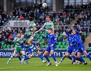 6 May 2024; Daniel Cleary of Shamrock Rovers outjumps Grant Horton of Waterford during the SSE Airtricity Men's Premier Division match between Shamrock Rovers and Waterford at Tallaght Stadium in Dublin. Photo by Piaras Ó Mídheach/Sportsfile