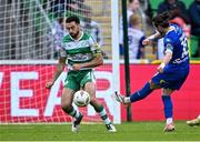 6 May 2024; Connor Parsons of Waterford shoots to score his side's third goal, under pressure from Roberto Lopes of Shamrock Rovers, during the SSE Airtricity Men's Premier Division match between Shamrock Rovers and Waterford at Tallaght Stadium in Dublin. Photo by Piaras Ó Mídheach/Sportsfile
