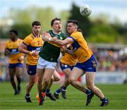 5 May 2024; Dara Moynihan of Kerry in action against Brian McNamara of Clare during the Munster GAA Football Senior Championship final match between Kerry and Clare at Cusack Park in Ennis, Clare. Photo by Brendan Moran/Sportsfile