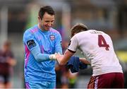6 May 2024; Galway United goalkeeper Brendan Clarke, left, and Robert Slevin of Galway United celebrate after the SSE Airtricity Men's Premier Division match between Bohemians and Galway United at Dalymount Park in Dublin. Photo by Ben McShane/Sportsfile