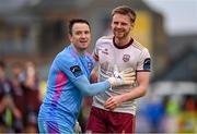 6 May 2024; Galway United goalkeeper Brendan Clarke, left, and Robert Slevin of Galway United celebrate after the SSE Airtricity Men's Premier Division match between Bohemians and Galway United at Dalymount Park in Dublin. Photo by Ben McShane/Sportsfile