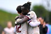 6 May 2024; Jeanno Esua, right, and Leo Gaxha of Galway United embrace after their side's victory in the SSE Airtricity Men's Premier Division match between Bohemians and Galway United at Dalymount Park in Dublin. Photo by Ben McShane/Sportsfile