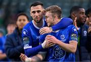 6 May 2024; Waterford players Robbie McCourt, left, and Darragh Power celebrate after their side's victory in the SSE Airtricity Men's Premier Division match between Shamrock Rovers and Waterford at Tallaght Stadium in Dublin. Photo by Piaras Ó Mídheach/Sportsfile
