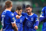 6 May 2024; Waterford players Pádraig Amond, right, and Dean McMenamy celebrate after their side's victory in the SSE Airtricity Men's Premier Division match between Shamrock Rovers and Waterford at Tallaght Stadium in Dublin. Photo by Piaras Ó Mídheach/Sportsfile