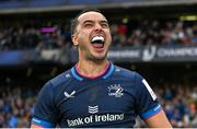 4 May 2024; James Lowe of Leinster celebrates after scoring his and his side's third try during the Investec Champions Cup semi-final match between Leinster and Northampton Saints at Croke Park in Dublin. Photo by Brendan Moran/Sportsfile