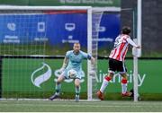 6 May 2024; Paul McMullan of Derry City shoots to score his side's first goal past Shelbourne goalkeeper Conor Kearns during the SSE Airtricity Men's Premier Division match between Derry City and Shelbourne at The Ryan McBride Brandywell Stadium in Derry. Photo by Stephen McCarthy/Sportsfile
