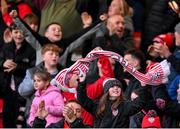6 May 2024; Derry City supporters celebrate their first goal during the SSE Airtricity Men's Premier Division match between Derry City and Shelbourne at The Ryan McBride Brandywell Stadium in Derry. Photo by Stephen McCarthy/Sportsfile