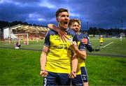 6 May 2024; Sean Boyd of Shelbourne celebrates with Matty Smith, right, after scoring their side's first goal during the SSE Airtricity Men's Premier Division match between Derry City and Shelbourne at The Ryan McBride Brandywell Stadium in Derry. Photo by Stephen McCarthy/Sportsfile