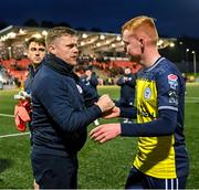 6 May 2024; Shelbourne manager Damien Duff and Shane Farrell after the SSE Airtricity Men's Premier Division match between Derry City and Shelbourne at The Ryan McBride Brandywell Stadium in Derry. Photo by Stephen McCarthy/Sportsfile