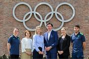 7 May 2024; Key Patent Innovation announced as Official Team Ireland Partner ahead of the Paris Olympic Games at Olympic House in Sport Ireland Campus, Dublin. In attendance at the announcement are, from left, Team Ireland boxer Kellie Harrington, Director of Operations and Financial Analyst at Key Patent Innovations, Brid McNamee, Chief Executive Officer of Key Patent Innovations Angela Quinlan, OFI Chief Executive Officer Peter Sherrard, OFI President Sarah Keane and Team Ireland hockey player Darragh Walsh. Photo by Sam Barnes/Sportsfile