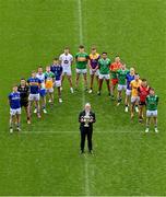 7 May 2024; Uachtarán Chumann Lúthchleas Gael Jarlath Burns holding the Tailteann Cup alongside players, from left, Evan O’Carroll of Laois, Niall Murphy of Sligo, Paudie Feehan of Tipperary, Jason Curry of Waterford, Lee Pearson of Offaly, Patrick O’Keane of Wicklow, Darragh Kirwan of Kildare, Barry McNulty of Leitrim, Liam Coleman of Wexford, Josh Obahor of London, Darragh Foley of Carlow, Barry Coleman of Limerick, Paddy Fox of Longford, Dermot McAleese of Antrim, Pierce Laverty of Down and Declan McCusker of Fermanagh in attendance at the launch of the Tailteann Cup 2024 at Croke Park in Dublin. Photo by Piaras Ó Mídheach/Sportsfile
