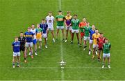 7 May 2024; In attendance are players from left, Evan O’Carroll of Laois, Niall Murphy of Sligo, Paudie Feehan of Tipperary, Jason Curry of Waterford, Lee Pearson of Offaly, Patrick O’Keane of Wicklow, Darragh Kirwan of Kildare, Barry McNulty of Leitrim, Liam Coleman of Wexford, Josh Obahor of London, Darragh Foley of Carlow, Barry Coleman of Limerick, Paddy Fox of Longford, Dermot McAleese of Antrim, Pierce Laverty of Down and Declan McCusker of Fermanagh at the launch of the Tailteann Cup 2024 at Croke Park in Dublin. Photo by Piaras Ó Mídheach/Sportsfile