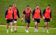 7 May 2024; Munster players, from left, Calvin Nash, Gavin Coombes, Alex Nankivell, Seán O'Brien and Shane Daly arrive for squad training at University of Limerick in Limerick. Photo by Brendan Moran/Sportsfile