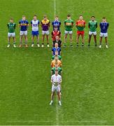 7 May 2024; Players, from front, Darragh Kirwan of Kildare, Barry Coleman of Limerick, Dermot McAleese of Antrim, Lee Pearson of Offaly, Paddy Fox of Longford, Niall Murphy of Sligo, Pierce Laverty of Down, and from left, Declan McCusker of Fermanagh, Paudie Feehan of Tipperary, Jason Curry of Waterford, Liam Coleman of Wexford, Evan O’Carroll of Laois, Barry McNulty of Leitrim, Darragh Foley of Carlow, Josh Obahor of London and Patrick O’Keane of Wicklow in attendance at the launch of the Tailteann Cup 2024 at Croke Park in Dublin. Photo by Piaras Ó Mídheach/Sportsfile