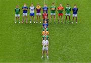 7 May 2024; Players, from front, Darragh Kirwan of Kildare, Barry Coleman of Limerick, Dermot McAleese of Antrim, Lee Pearson of Offaly, Paddy Fox of Longford, Niall Murphy of Sligo, Pierce Laverty of Down, and from left, Declan McCusker of Fermanagh, Paudie Feehan of Tipperary, Jason Curry of Waterford, Liam Coleman of Wexford, Evan O’Carroll of Laois, Barry McNulty of Leitrim, Darragh Foley of Carlow, Josh Obahor of London and Patrick O’Keane of Wicklow in attendance at the launch of the Tailteann Cup 2024 at Croke Park in Dublin. Photo by Piaras Ó Mídheach/Sportsfile