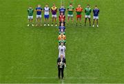 7 May 2024; Uachtarán Chumann Lúthchleas Gael Jarlath Burns with players, from front, Darragh Kirwan of Kildare, Barry Coleman of Limerick, Dermot McAleese of Antrim, Lee Pearson of Offaly, Paddy Fox of Longford, Niall Murphy of Sligo, Pierce Laverty of Down, and from left, Declan McCusker of Fermanagh, Paudie Feehan of Tipperary, Jason Curry of Waterford, Liam Coleman of Wexford, Evan O’Carroll of Laois, Barry McNulty of Leitrim, Darragh Foley of Carlow, Josh Obahor of London and Patrick O’Keane of Wicklow in attendance at the launch of the Tailteann Cup 2024 at Croke Park in Dublin. Photo by Piaras Ó Mídheach/Sportsfile