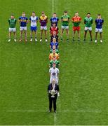 7 May 2024; Uachtarán Chumann Lúthchleas Gael Jarlath Burns with players, from front, Darragh Kirwan of Kildare, Barry Coleman of Limerick, Dermot McAleese of Antrim, Lee Pearson of Offaly, Paddy Fox of Longford, Niall Murphy of Sligo, Pierce Laverty of Down, and from left, Declan McCusker of Fermanagh, Paudie Feehan of Tipperary, Jason Curry of Waterford, Liam Coleman of Wexford, Evan O’Carroll of Laois, Barry McNulty of Leitrim, Darragh Foley of Carlow, Josh Obahor of London and Patrick O’Keane of Wicklow in attendance at the launch of the Tailteann Cup 2024 at Croke Park in Dublin. Photo by Piaras Ó Mídheach/Sportsfile