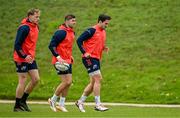 7 May 2024; Joey Carbery, right, with Jack Crowley and Mike Haley during Munster rugby squad training at University of Limerick in Limerick. Photo by Brendan Moran/Sportsfile