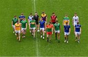 7 May 2024; Players, from left, Declan McCusker of Fermanagh, Paudie Feehan of Tipperary, Dermot McAleese of Antrim, Barry Coleman of Limerick, Jason Curry of Waterford, Barry McNulty of Leitrim, Niall Murphy of Sligo, Paddy Fox of Longford, Liam Coleman of Wexford, Darragh Foley of Carlow, Pierce Laverty of Down, Josh Obahor of London, Lee Pearson of Offaly, Patrick O’Keane of Wicklow, Darragh Kirwan of Kildare and Evan O’Carroll of Laois in attendance at the launch of the Tailteann Cup 2024 at Croke Park in Dublin. Photo by Piaras Ó Mídheach/Sportsfile