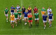 7 May 2024; Players, from left, Declan McCusker of Fermanagh, Paudie Feehan of Tipperary, Dermot McAleese of Antrim, Barry Coleman of Limerick, Jason Curry of Waterford, Barry McNulty of Leitrim, Niall Murphy of Sligo, Paddy Fox of Longford, Liam Coleman of Wexford, Darragh Foley of Carlow, Pierce Laverty of Down, Josh Obahor of London, Lee Pearson of Offaly, Patrick O’Keane of Wicklow, Darragh Kirwan of Kildare and Evan O’Carroll of Laois in attendance at the launch of the Tailteann Cup 2024 at Croke Park in Dublin. Photo by Piaras Ó Mídheach/Sportsfile