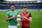 7 May 2024; Josh Obahor of London and Pierce Laverty of Down in attendance at the launch of the Tailteann Cup 2024 at Croke Park in Dublin. Photo by Piaras Ó Mídheach/Sportsfile