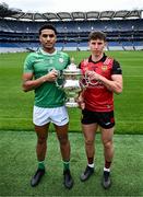 7 May 2024; Josh Obahor of London and Pierce Laverty of Down in attendance at the launch of the Tailteann Cup 2024 at Croke Park in Dublin. Photo by Piaras Ó Mídheach/Sportsfile