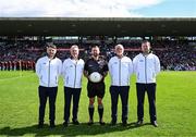 5 May 2024; Referee David Gough and his umpires before the Connacht GAA Football Senior Championship final match between Galway and Mayo at Pearse Stadium in Galway. Photo by Piaras Ó Mídheach/Sportsfile