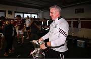 5 May 2024; Galway manager Padraic Joyce celebrates with the Nestor Cup after his side's victory in the Connacht GAA Football Senior Championship final match between Galway and Mayo at Pearse Stadium in Galway. Photo by Piaras Ó Mídheach/Sportsfile