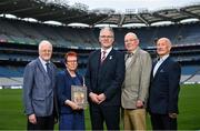 7 May 2024; In attendance are Uachtarán Chumann Lúthchleas Gael Jarlath Burns with, from left, Liam Mac Maghuna, Professor of Irish at UCD, Padraigin Riggs, former Lecturer at UCC, Brendan McGrath, Allumni and Stephen McGrath, Allumni at Croke Park during the launch of the remarkable book The Epic Origins of Hurling, endorsed by the legendary Brian Cody. This publication presents an abridged version and translation of Scéal na hIomána, considered the definitive historical and cultural heritage, brought to life through the collaborative efforts of past pupils and the dedicated Joeys Past Pupils Union. Photo by David Fitzgerald/Sportsfile