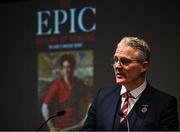 7 May 2024; Uachtarán Chumann Lúthchleas Gael Jarlath Burns during the launch of the remarkable book The Epic Origins of Hurling, endorsed by the legendary Brian Cody. This publication presents an abridged version and translation of Scéal na hIomána, considered the definitive historical and cultural heritage, brought to life through the collaborative efforts of past pupils and the dedicated Joeys Past Pupils Union. Photo by David Fitzgerald/Sportsfile