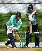 8 May 2024; Graham Hume, left, and Ben White during an Ireland men’s training session at the Cricket Ireland High Performance Training Centre on the Sport Ireland Campus in Dublin. Photo by Seb Daly/Sportsfile