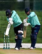 8 May 2024; Ben White, left, and Andrew Balbirnie during an Ireland men’s training session at the Cricket Ireland High Performance Training Centre on the Sport Ireland Campus in Dublin. Photo by Seb Daly/Sportsfile