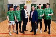 8 May 2024; Cormac Farrell, Business Marketing Manager of O'Neills and David Britton of GAA Handball, centre, with, from left, Kyle Jordan, Cormac Finn, Conor McElduff and Mikey Kelly at the oneills.com World Handball Championships 2024 official launch at the National Handball Centre in Dublin. Photo by David Fitzgerald/Sportsfile