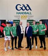 8 May 2024; Cormac Farrell, Business Marketing Manager of O'Neills and David Britton of GAA Handball, centre, with, from left, Kyle Jordan, Cormac Finn, Conor McElduff and Mikey Kelly at the oneills.com World Handball Championships 2024 official launch at the National Handball Centre in Dublin. Photo by David Fitzgerald/Sportsfile