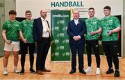 8 May 2024; GAA Handball president Conor McDonnell and David Britton of GAA Handball, centre, with, from left, Kyle Jordan, Cormac Finn, Conor McElduff and Mikey Kelly at the oneills.com World Handball Championships 2024 official launch at the National Handball Centre in Dublin. Photo by David Fitzgerald/Sportsfile