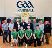 8 May 2024; GAA Handball president Conor McDonnell, centre, with, from left, Martin Lalor, Secretary of Kilkenny handball, Michael O'Shea, Chairperson of Kilkenny handball, David Britton of GAA Handball, Cormac Farrell, Business Marketing Manager of O'Neills, Tony Breen, Leinster Administrator of Handball, Eileen Dunne, Ard Chomhairle and Tommy Hegarty, Munster Chairman of Handball and players, from left, Kyle Jordan, Cormac Finn, Conor McElduff and Mikey Kelly at the oneills.com World Handball Championships 2024 official launch at the National Handball Centre in Dublin. Photo by David Fitzgerald/Sportsfile