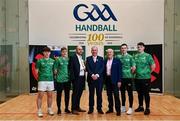 8 May 2024; GAA Handball president Conor McDonnell, centre, with, from left, Kyle Jordan, Cormac Finn, David Britton of GAA Handball, Cormac Farrell, Business Marketing Manager of O'Neills, Conor McElduff and Mikey Kelly at the oneills.com World Handball Championships 2024 official launch at the National Handball Centre in Dublin. Photo by David Fitzgerald/Sportsfile