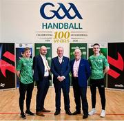 8 May 2024; GAA Handball president Conor McDonnell, centre, with, from left, Cormac Finn, David Britton of GAA Handball, Cormac Farrell, Business Marketing Manager of O'Neills and Conor McElduff at the oneills.com World Handball Championships 2024 official launch at the National Handball Centre in Dublin. Photo by David Fitzgerald/Sportsfile