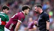 5 May 2024; Referee David Gough speaking with Robert Finnerty of Galway during the Connacht GAA Football Senior Championship final match between Galway and Mayo at Pearse Stadium in Galway. Photo by Piaras Ó Mídheach/Sportsfile