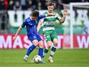 6 May 2024; Dean McMenamy of Waterford in action against Markus Poom of Shamrock Rovers during the SSE Airtricity Men's Premier Division match between Shamrock Rovers and Waterford at Tallaght Stadium in Dublin. Photo by Piaras Ó Mídheach/Sportsfile