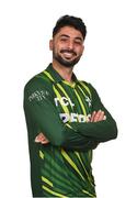 8 May 2024; Abrar Ahmed during a Pakistan men’s T20 squad portrait session at the Grand Hotel in Malahide, Dublin. Photo by Seb Daly/Sportsfile