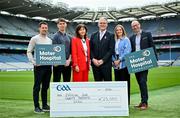 10 May 2024; Uachtarán Chumann Lúthchleas Gael Jarlath Burns, third from right, with Charity partner representatives from The Mater Hospital Foundation, from left, Operations manager Ryan Wylie, Radiology SpR Michael Fitzsimons, Chief Executive Mary Moorhead, Radiographer Siobhan Killeen and Corporate Partnerships Manager John Dwyer during the GAA Official Charity Partners 2024 launch event at Croke Park in Dublin. Photo by Sam Barnes/Sportsfile