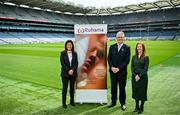 10 May 2024; Uachtarán Chumann Lúthchleas Gael Jarlath Burns, with Charity partner representatives from, Ruhama, Chief Executive Barbara Condon, left, and Policy and Communications Coordinator Danielle McLaughlin, right, during the GAA Official Charity Partners 2024 launch event at Croke Park in Dublin. Photo by Sam Barnes/Sportsfile