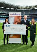 10 May 2024; Uachtarán Chumann Lúthchleas Gael Jarlath Burns, with Charity partner representatives from, Ruhama, Chief Executive Barbara Condon, left, and Policy and Communications Coordinator Danielle McLaughlin, right, during the GAA Official Charity Partners 2024 launch event at Croke Park in Dublin. Photo by Sam Barnes/Sportsfile