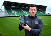 9 May 2024; Aaron Greene of Shamrock Rovers poses with his SSE Airtricity / SWI Player of the Month Award for April 2024 at Tallaght Stadium in Dublin. Photo by Piaras Ó Mídheach/Sportsfile