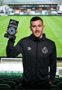 9 May 2024; Aaron Greene of Shamrock Rovers poses with his SSE Airtricity / SWI Player of the Month Award for April 2024 at Tallaght Stadium in Dublin. Photo by Piaras Ó Mídheach/Sportsfile